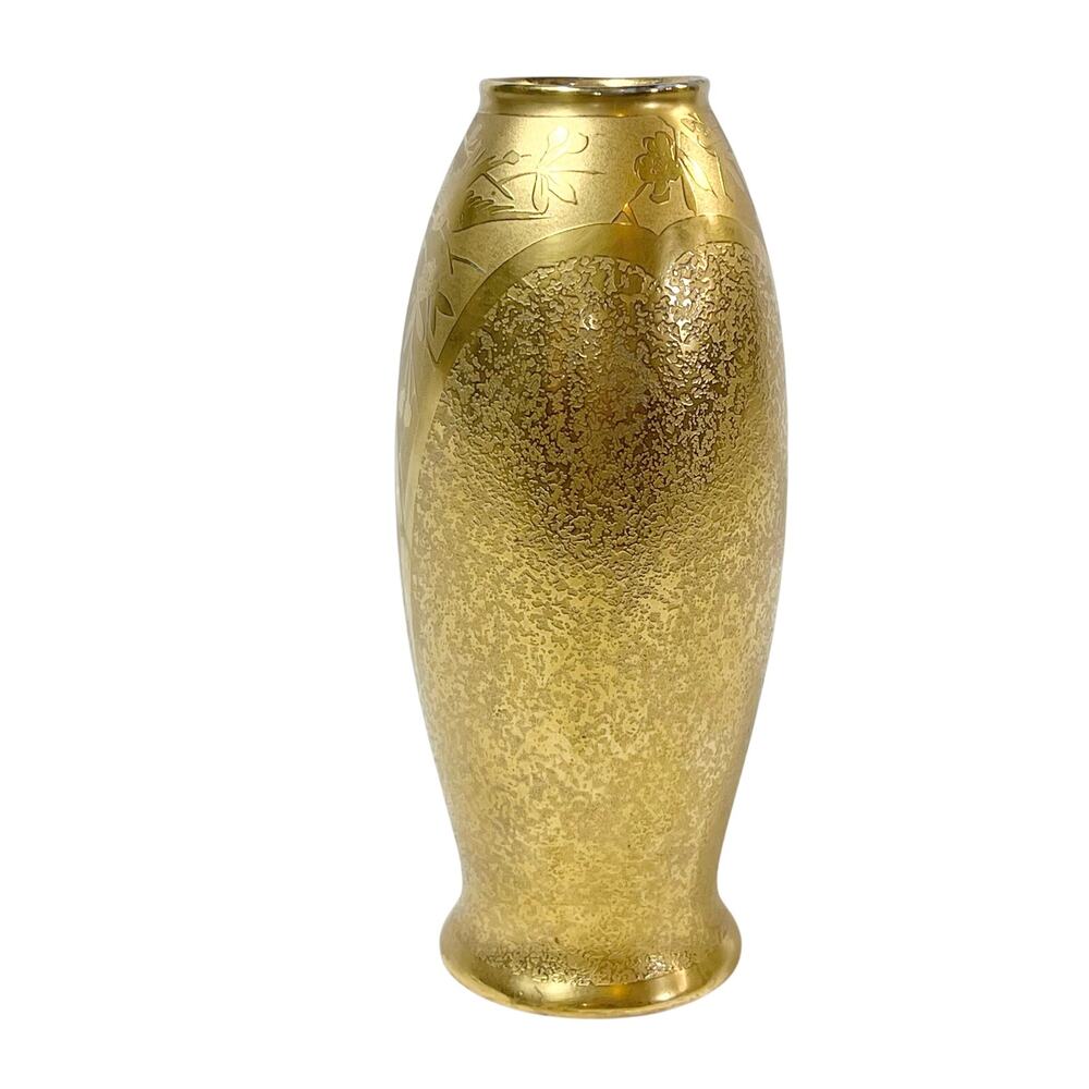 Antique Fraureuth Gold Plated Porcelain Vase Floral Bird Germany 7" Hand Made